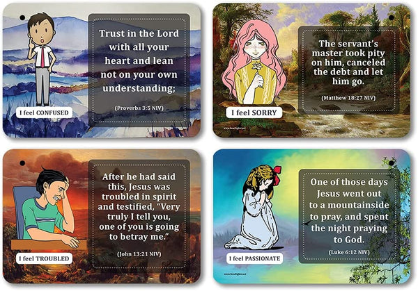 NewEights Bible Emotions Fun Facts Learning Cards (1 Set x 12 Cards) - Christian Theme Collection & Gift with Motivational Scripture Based Messages
