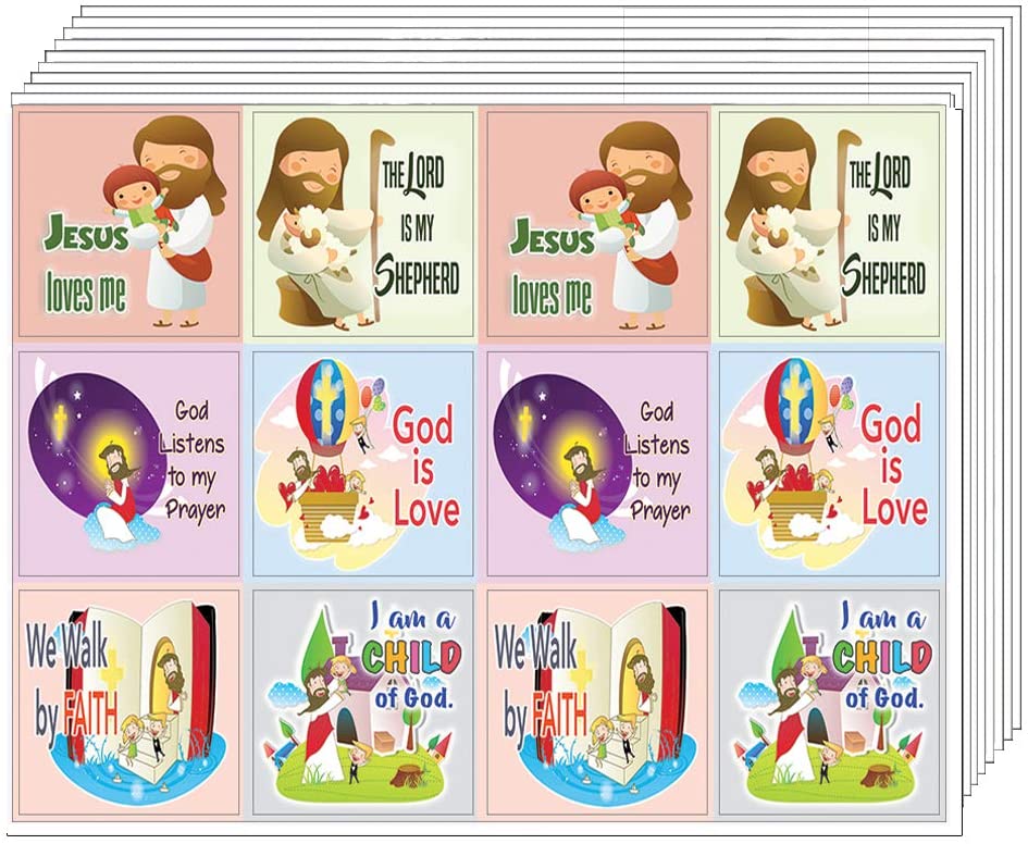 Kids Christian Stickers 12 pcs set (5 Sheets) - God is Love Affirmation Bible Verses