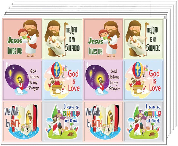 Kids Christian Stickers (12pcs Set x 10 Sheets) - God Is Love Affirmation Bible Verses - for Journal Planner Sticky Notes Scrapbooking Party Favors Decor - Stocking Stuffers for Boys Girls Children