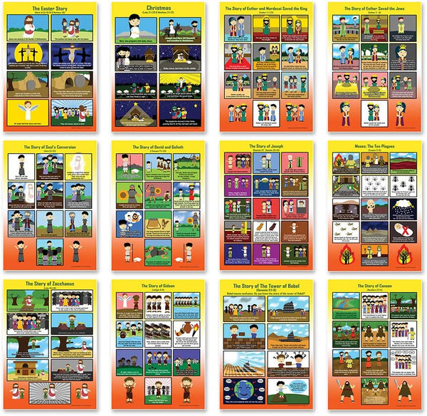 Bible Posters Kids Series 1,2,3 (18 Pieces Printed on Front and Back with 36 poster designs) â€“ Home Schooling Early Educational Charts for Kids, Boys, Girls â€“ Premium Teaching Tool Set for Daycares, Home Tutorials