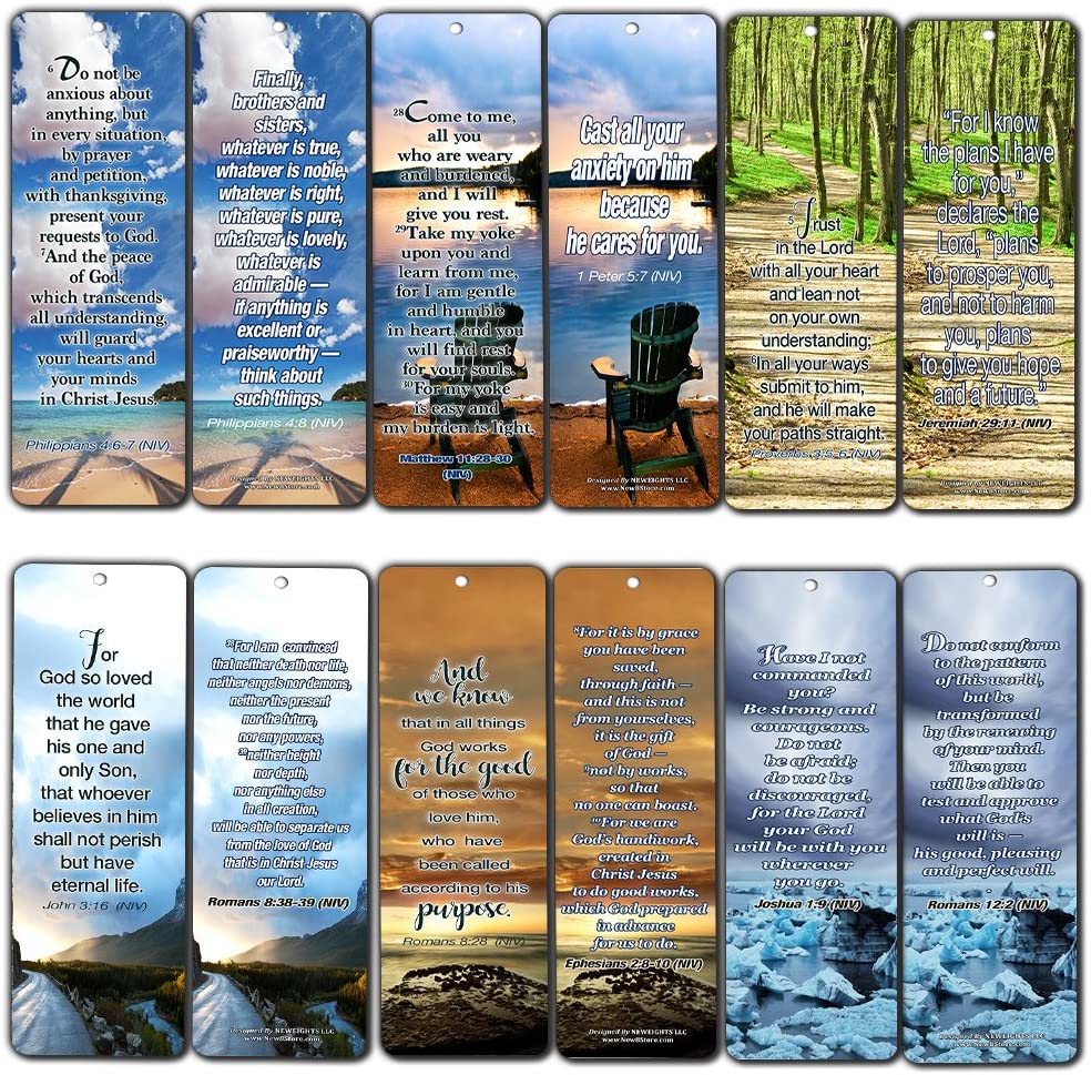 Most Highlighted Bible Scriptures Bookmarks Cards NIV Version (12-Pack) - Religious Christian Inspirational Gifts to Encourage Men Women Boys Girls - Bible Study Sunday School War Room Decor