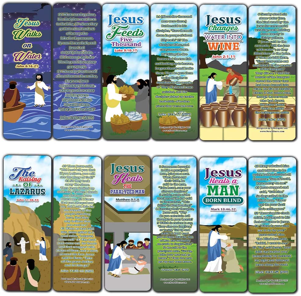 Miracles of Jesus Bible Bookmarks Cards (60-Pack) - Church Memory Verse Sunday School Rewards - Christian Stocking Stuffers Birthday Party Favors Assorted Bulk Pack