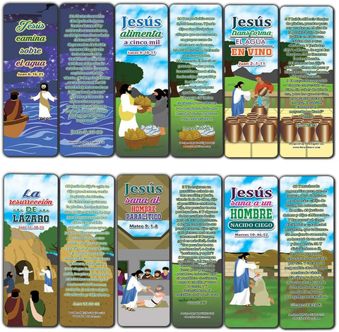 Spanish Miracles of Jesus Bible Bookmarks Cards (30-Pack) - Stocking Stuffers for Boys Girls - Children Ministry Bible Study Church Supplies Teacher Classroom Incentives Gift