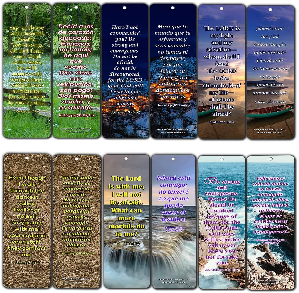 Bilingual Encouraging Bible Verses Bookmarks - Overcome Fear (60-Pack) - Compilation of Motivational Bible Verses in English and Spanish