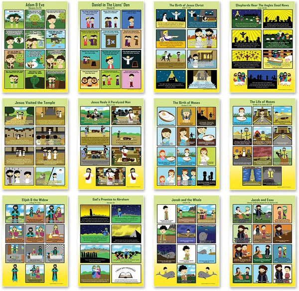 Bible Posters Kids Series 1,2,3 (18 Pieces Printed on Front and Back with 36 poster designs) â€“ Home Schooling Early Educational Charts for Kids, Boys, Girls â€“ Premium Teaching Tool Set for Daycares, Home Tutorials