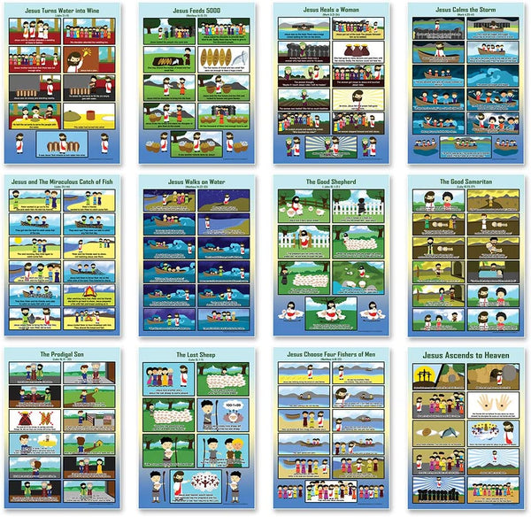 Bible Posters Kids Series 1,2,3 (18 Pieces Printed on Front and Back with 36 poster designs) â€“ Home Schooling Early Educational Charts for Kids, Boys, Girls â€“ Premium Teaching Tool Set for Daycares, Home Tutorials