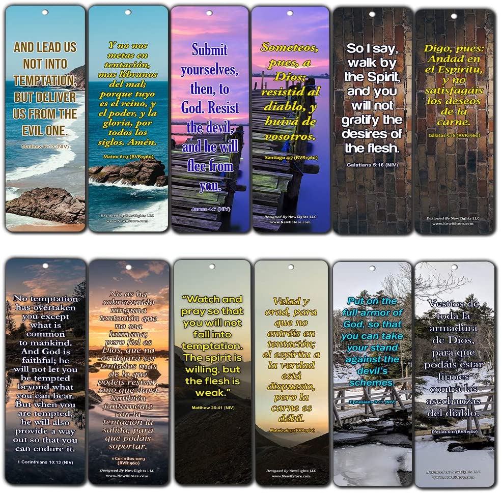 Bilingual Encouraging Bible Verses Bookmarks - Overcome Temptation (60-Pack) - Compilation of Motivational Bible Verses in English and Spanish