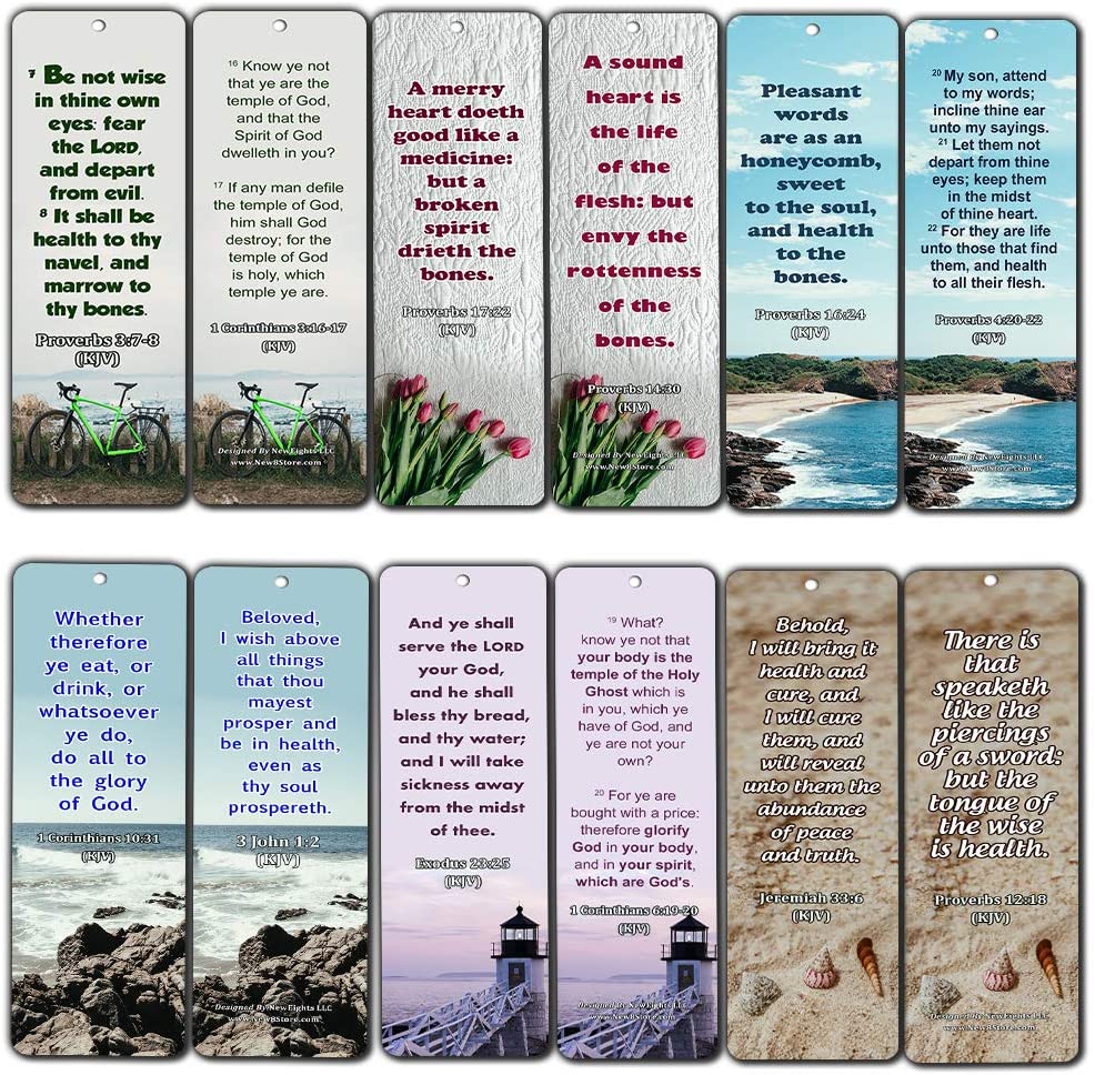 KJV Religious Bookmarks - Bible Verses About Health (12 Pack) - Collection of Bible Verses On How To Achieve Optimum Health