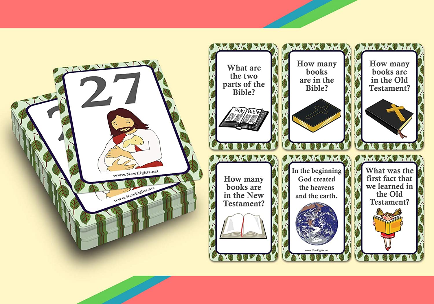 NewEights Bible Facts Learning Flashcards for Children (4-Deck) - Educational Homeschooling Teaching Teachers Set for Day Care Classroom Nursery Home - Religious Cards for Boys Girls