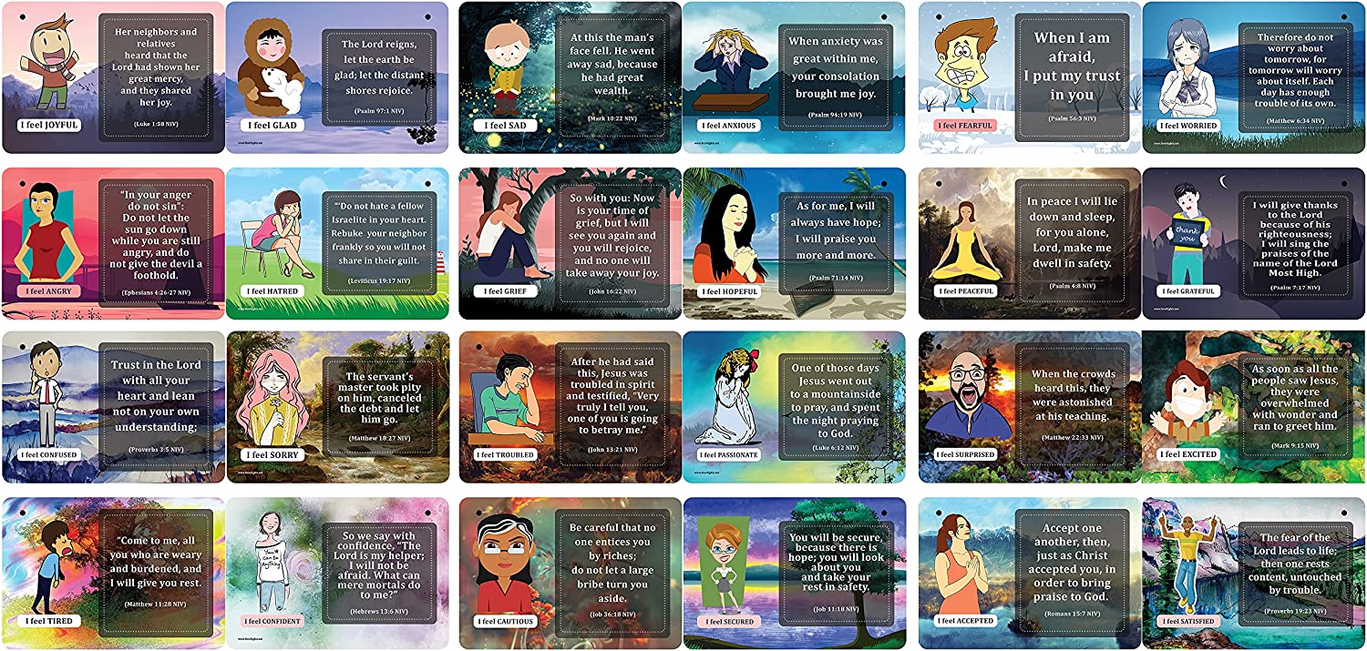 NewEights Bible Emotions Fun Facts Learning Cards (5 Set x 12 Cards) - Bulk Collection Giveaways with Inspirational Messages for Church Goers & Bible Lovers