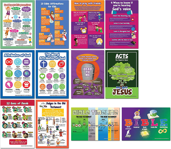 NewEights Bible Posters Kids Series 3 ,4 ,5 Sets (18-Pack Front & Back with 36 Topics)-Home Schooling Early Educational Charts for Kids, Boys, Girls â€“ Premium Teaching Tool Set for Daycares, Home Tutorials