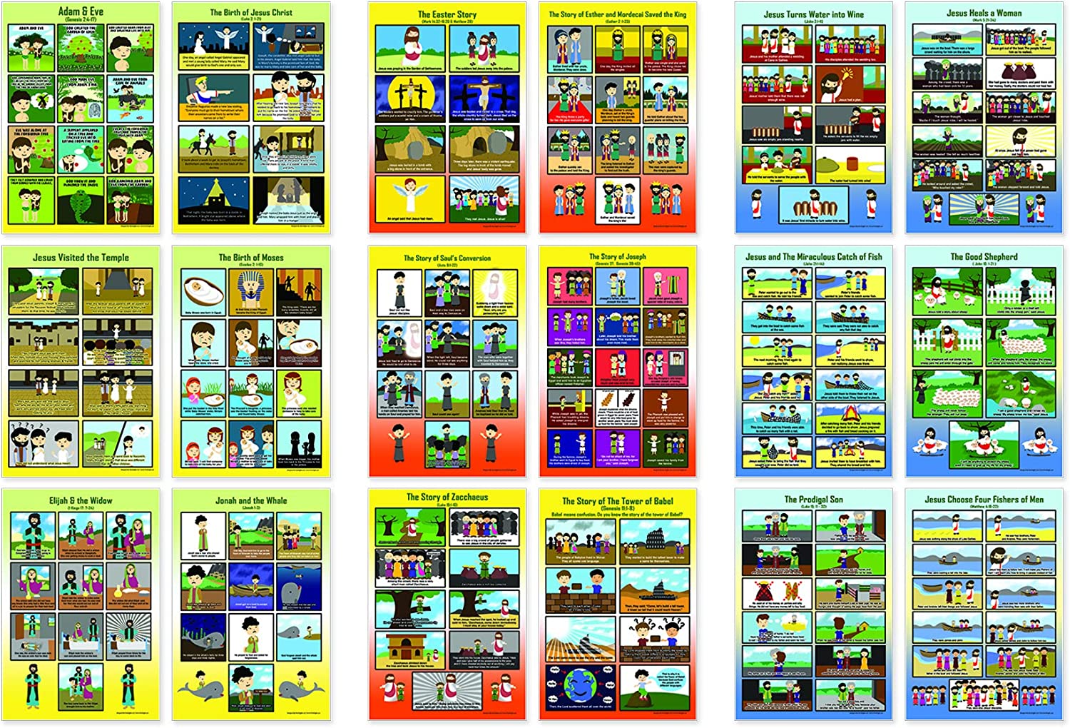 Bible Posters Kids Series 1,2,3 (18 Pieces Printed on Front and Back with 36 poster designs) â€“ Home Schooling Early Educational Charts for Kids, Boys, Girls â€“ Premium Teaching Tool Set for Daycares, Home Tutorials