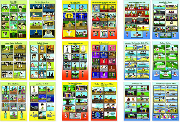 Bible Posters Kids Series 1,2,3 (18 Pieces Printed on Front and Back with 36 poster designs) â€“ Home Schooling Early Educational Charts for Kids, Boys, Girls â€“ Premium Teaching Tool Set for Daycares, Home Tutorials