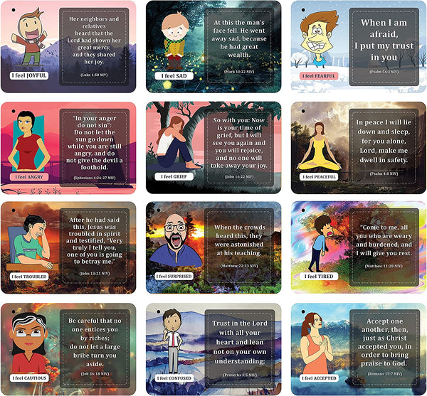 NewEights Bible Emotions Fun Facts Learning Cards (5 Set x 12 Cards) - Bulk Collection Giveaways with Inspirational Messages for Church Goers & Bible Lovers