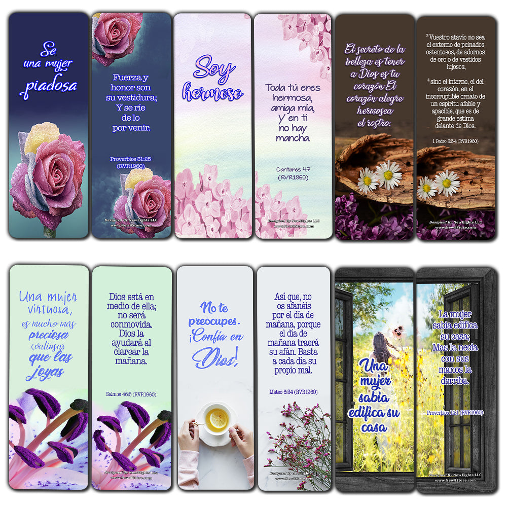 Spanish Devotional Bible Verses for Women Bookmarks (60 Pack) - Perfect Giveaways for Sunday School and Ministries Designed to Inspire Women