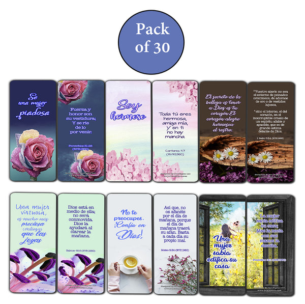 Spanish Devotional Bible Verses for Women Bookmarks (30 Pack) - Handy Life Changing Bible Texts and Quotes That Are Very Uplifting Perfect for Daily Devotional for Women