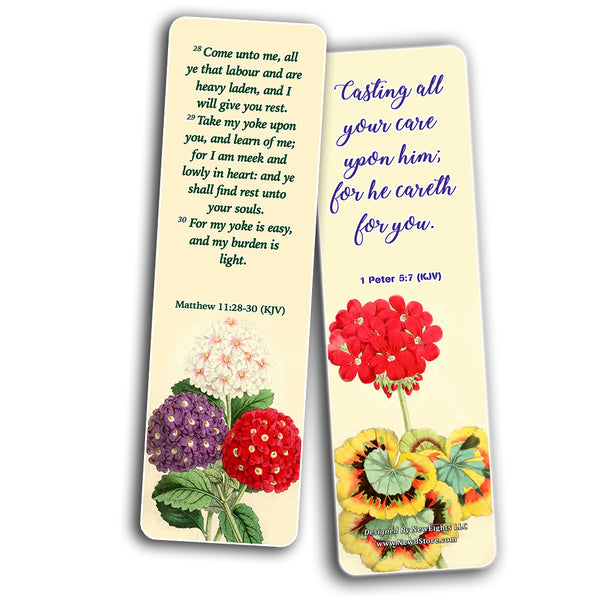 KJV Bookmarks Cards Series 1 (60 Pack) - Beautiful Floral Flowers Scriptures Prayer Cards - Romans 8:28 John 3:16 Jeremiah 29:11 Christian Faith Encouragement - Stocking Stuffers for Bible Book Club