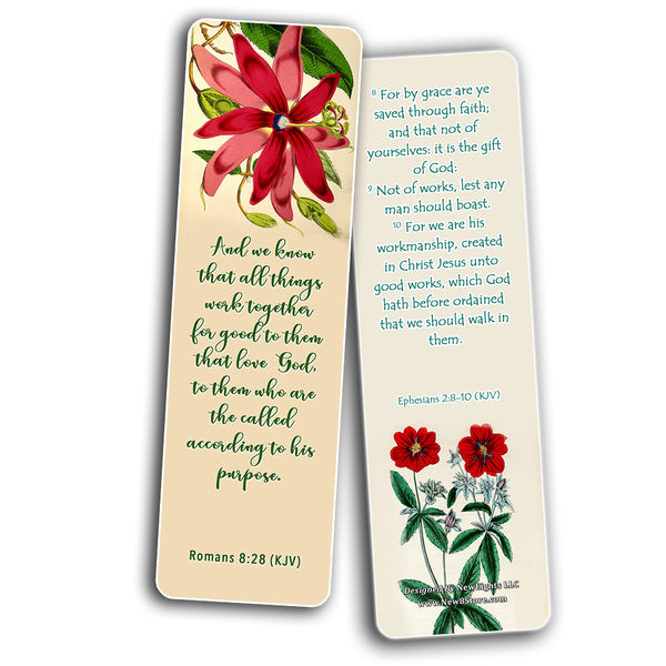 KJV Bookmarks Cards Series 1 (60 Pack) - Beautiful Floral Flowers Scriptures Prayer Cards - Romans 8:28 John 3:16 Jeremiah 29:11 Christian Faith Encouragement - Stocking Stuffers for Bible Book Club