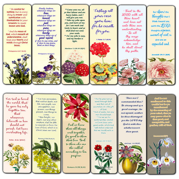 KJV Bookmarks Cards Series 1 (60 Pack) - Beautiful Floral Flowers Scriptures Prayer Cards - Romans 8:28 John 3:16 Jeremiah 29:11 Christian Faith Encouragement - Stocking Stuffers for Bible Book Club