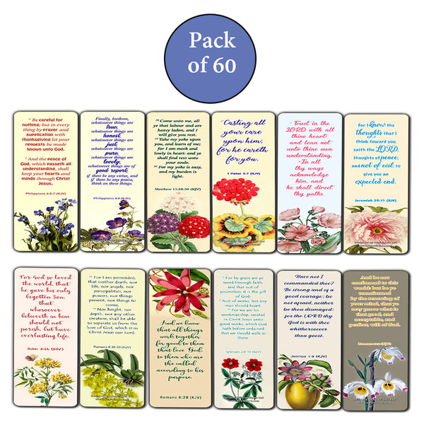 KJV Bookmarks Cards Series 1 (60 Pack) - Beautiful Floral Flowers Scriptures Prayer Cards - Romans 8:28 John 3:16 Jeremiah 29:11 Christian Faith Encouragement - Stocking Stuffers for Bible Book Club