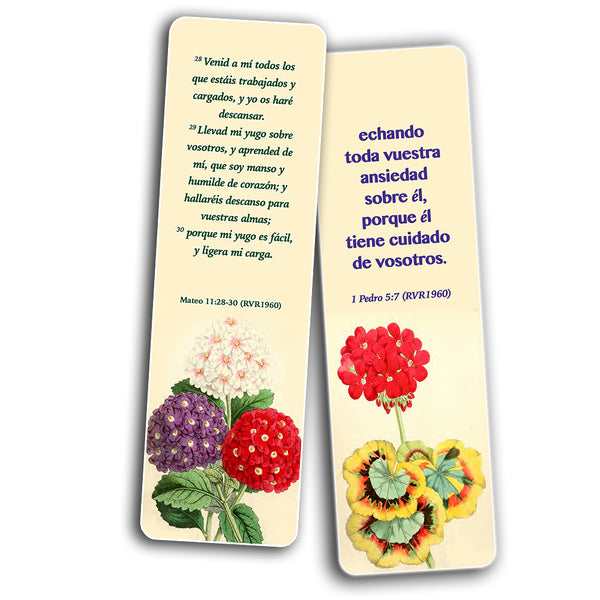 Spanish Flower Bookmarks Scriptures Series 1 (60 Pack) - RVR1960 Floral Bible Verses Cards - Church Supplies Bulletin Insert Women Ministry - Jeremiah 29:11 John 3:16 Favourite Holy Scriptures Gifts