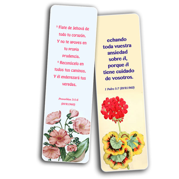 Spanish Flower Bookmarks Scriptures Series 1 (60 Pack) - RVR1960 Floral Bible Verses Cards - Church Supplies Bulletin Insert Women Ministry - Jeremiah 29:11 John 3:16 Favourite Holy Scriptures Gifts