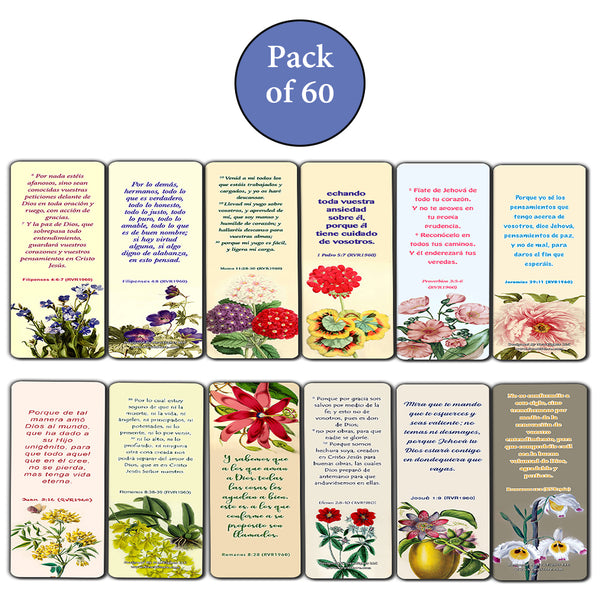 Spanish Flower Bookmarks Scriptures Series 1 (60 Pack) - RVR1960 Floral Bible Verses Cards - Church Supplies Bulletin Insert Women Ministry - Jeremiah 29:11 John 3:16 Favourite Holy Scriptures Gifts