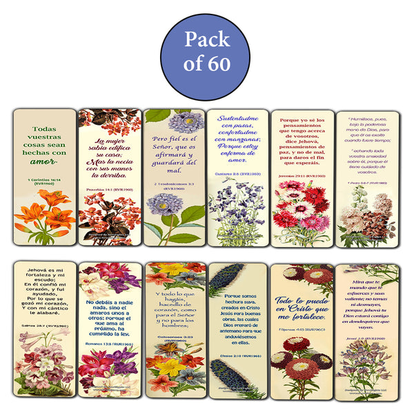 Spanish Flower Bookmarks Scriptures Series 3 (60 Pack) - RVR1960 Perfect Gift away for Sunday School Cell Group Church Women Ministry Stocking Stuffers