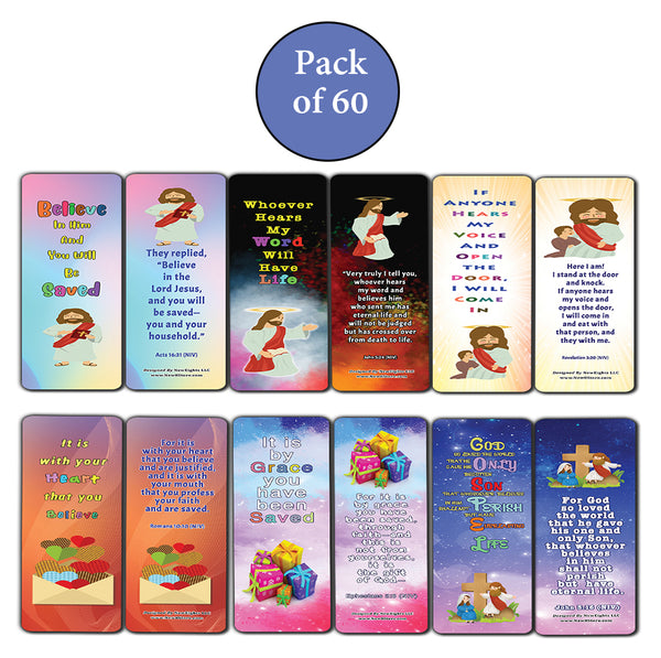 Salvation Gospel Bible Verses Bookmarks for Kids (60-Pack) - Perfect Giveaways for Sunday School, VBS and Children's Ministry