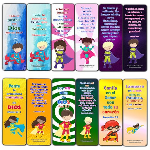 Spanish Religious Bookmarks for Kids - Super Hero (30 Pack) - Well Designed Hero Bookmarks for Kids with Easy To Memorize Bible Verses