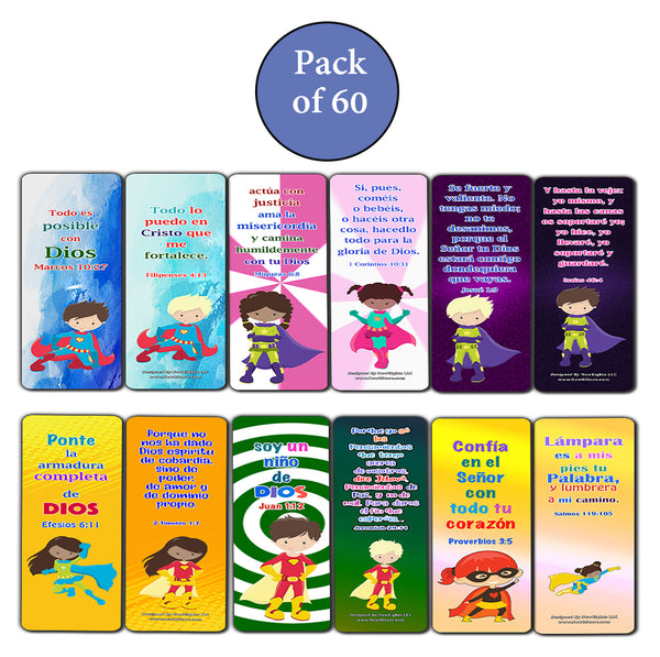 Spanish Religious Bookmarks for Kids - Super Hero (60 Pack) - Perfect Gift away for Sunday School and Ministries