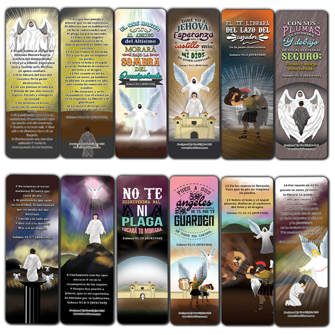 Spanish Salmos 91 Bookmarks Cards (12-Pack) - Spanish VBS Sunday School Easter Baptism Thanksgiving Christmas Rewards Encouragement Gift God's Protection & Assurance Reading Bookmarker & Reminder