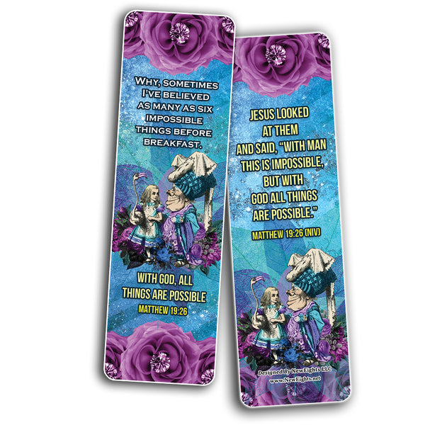 NewEights Christian Scriptures NIV Bookmarks - Alice in Wonderland (60-Pack) - Church Memory Verse Sunday School Rewards - Christian Stocking Stuffers Birthday Party Favors Assorted Bulk Pack