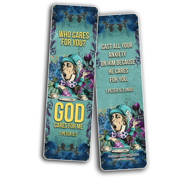 NewEights Christian Scriptures NIV Bookmarks - Alice in Wonderland (12-Pack) - VBS Sunday School Easter Baptism Thanksgiving Christmas Rewards Encouragement Gift