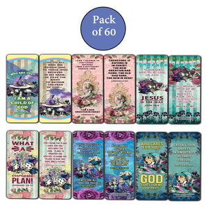 NewEights Christian Scriptures NIV Bookmarks - Alice in Wonderland (60-Pack) - Church Memory Verse Sunday School Rewards - Christian Stocking Stuffers Birthday Party Favors Assorted Bulk Pack