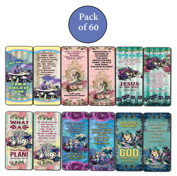 NewEights Christian Scriptures NIV Bookmarks - Alice in Wonderland (60-Pack) - Church Memory Verse Sunday School Rewards - Christian Stocking Stuffers Birthday Party Favors Assorted Bulk Pack