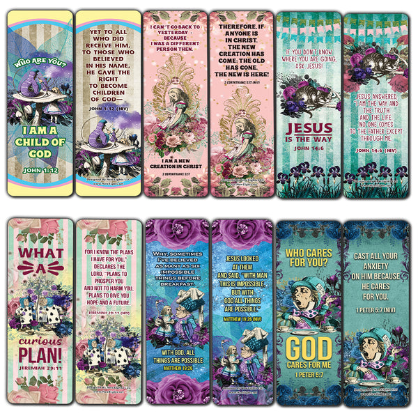 NewEights Christian Scriptures NIV Bookmarks - Alice in Wonderland (30-Pack) - Stocking Stuffers for Boys Girls - Children Ministry Bible Study Church Supplies Teacher Classroom Incentives Gift