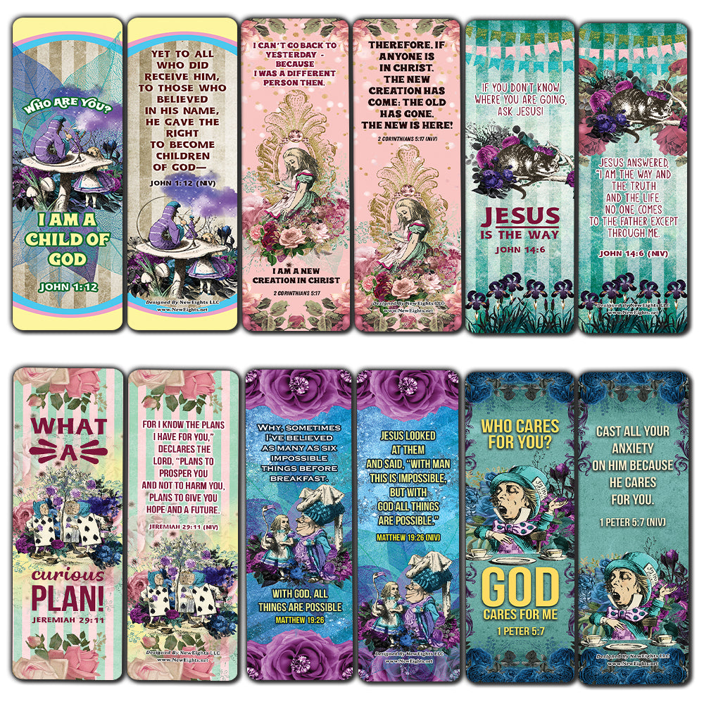 NewEights Christian Scriptures NIV Bookmarks - Alice in Wonderland (12-Pack) - VBS Sunday School Easter Baptism Thanksgiving Christmas Rewards Encouragement Gift