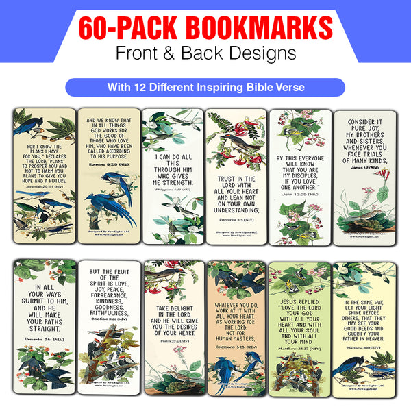 NewEights Christian Scriptures NIV Bookmarks - Beautiful Birds (60-Pack) - Church Memory Verse Sunday School Rewards - Christian Stocking Stuffers Birthday Party Favors Assorted Bulk Pack