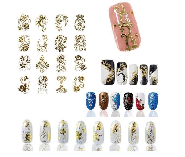 New8Beauty Nail Art Stickers Decals Series 9A (8-Pack) - 3D Metalic Gold Color