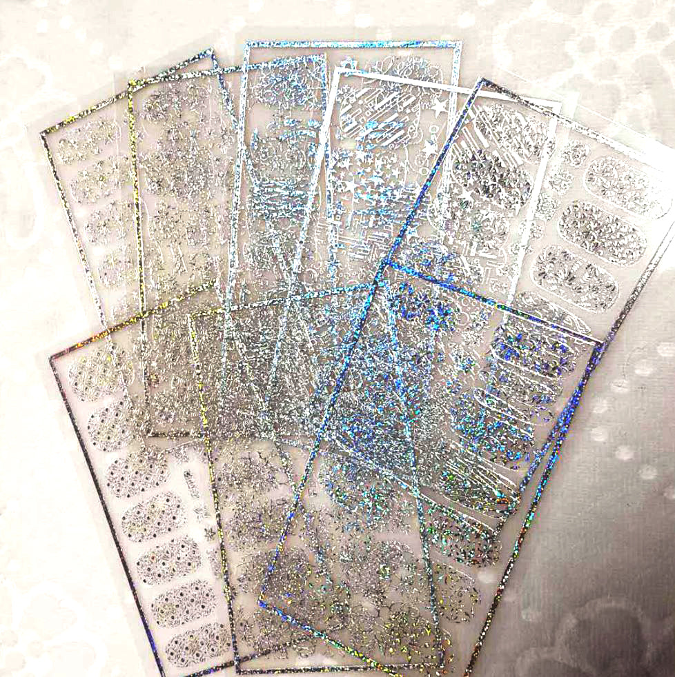 New8Beauty Nail Art Stickers Decals Series 9B (8-Pack) - 3D Metalic Silver Color