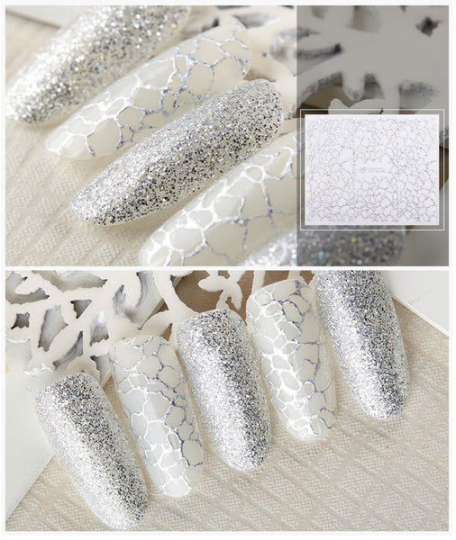 New8Beauty Nail Art Stickers Decals Series 10 (12-Pack) - 3D Laser Silver Lace