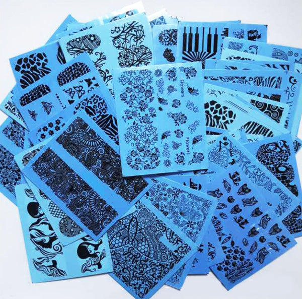 New8Beauty Nail Art Stickers Decals Series 12A (72-Pack) - Blue Base Black Pattern Lace