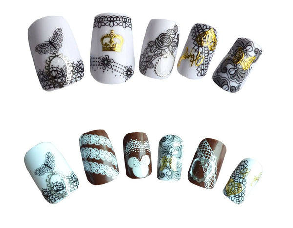 New8Beauty Nail Art Stickers Decals Series 12A (72-Pack) - Blue Base Black Pattern Lace