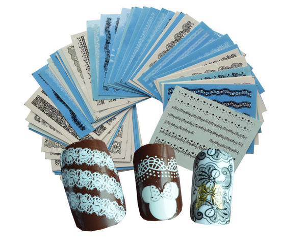 New8Beauty Nail Art Stickers Decals Series 12A (72-Pack) - Blue Base Black Pattern Lace