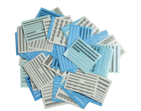 New8Beauty Nail Art Stickers Decals Series 12A (72-Pack) - Blue Base Black Pattern Lace