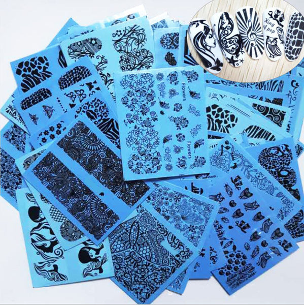 New8Beauty Nail Art Stickers Decals Series 12B (50-Pack) - Blue Base Black Pattern Lace