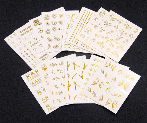 New8Beauty Nail Art Stickers Decals Series 17 (30-Pack) - Gold Silver Foil Stamps
