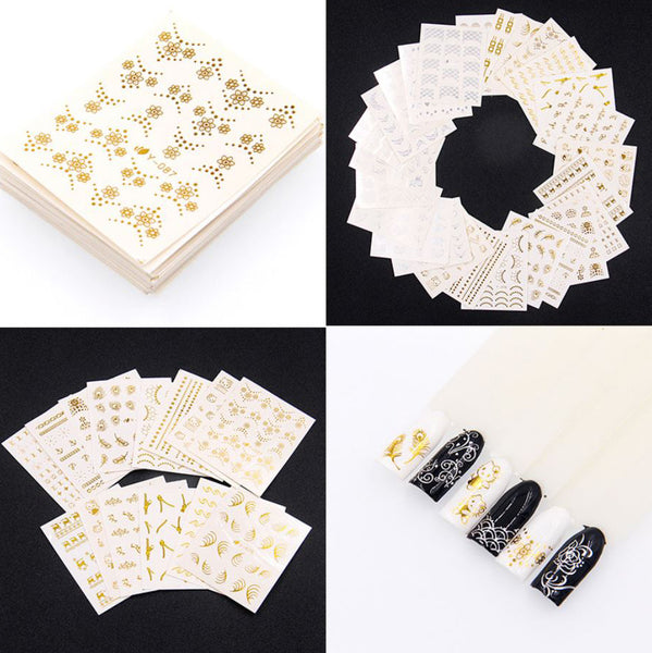 New8Beauty Nail Art Stickers Decals Series 17 (30-Pack) - Gold Silver Foil Stamps