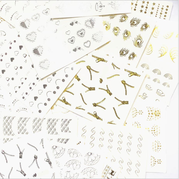 New8Beauty Nail Art Stickers Decals Series 17 (30-Pack) - Gold Silver Foil Stamps
